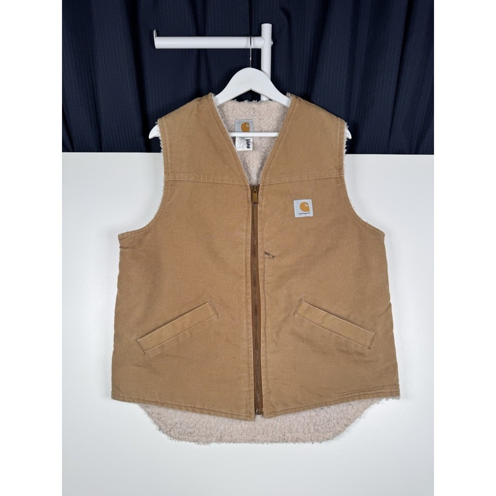 VTG Carhartt Vest Mens Large Sherpa Lined V03 BRN Canvas Distressed Made in USA